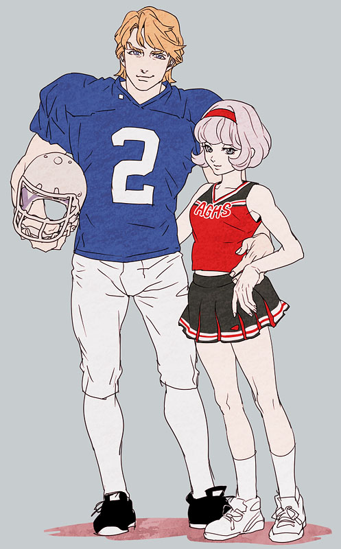 1girl, bare_shoulders, blonde_hair, blue_eyes, bob_cut, cheerleader, cis_(tiger_&amp;_bunny), cosplay, couple, flat_color, football_helmet, football_uniform, hairband, height_difference, helmet, kamen_rider, kamen_rider_fourze_(series), keith_goodman, mamemo_(daifuku_mame), parody, pleated_skirt, short_hair, skirt, tiger_&amp;_bunny, white_hair
