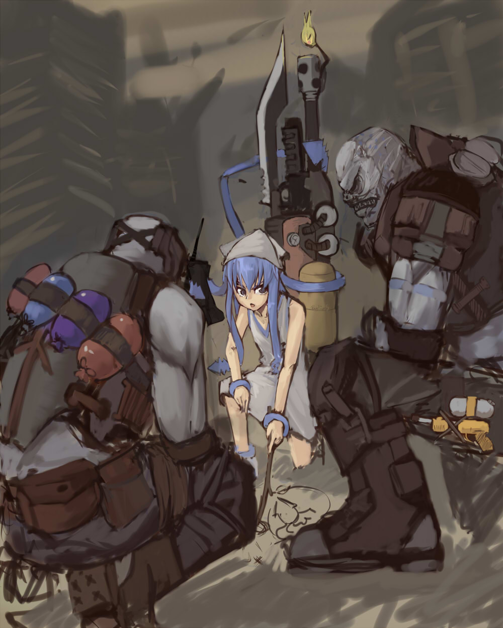crossover, flamethrower, gears_of_war, highres, ikamusume, kneeling, lancer_(weapon), locust_(gears_of_war)