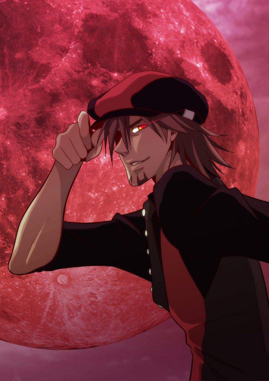 brown_hair, ebitetsu, facial_hair, full_moon, glowing, glowing_eye, highres, male