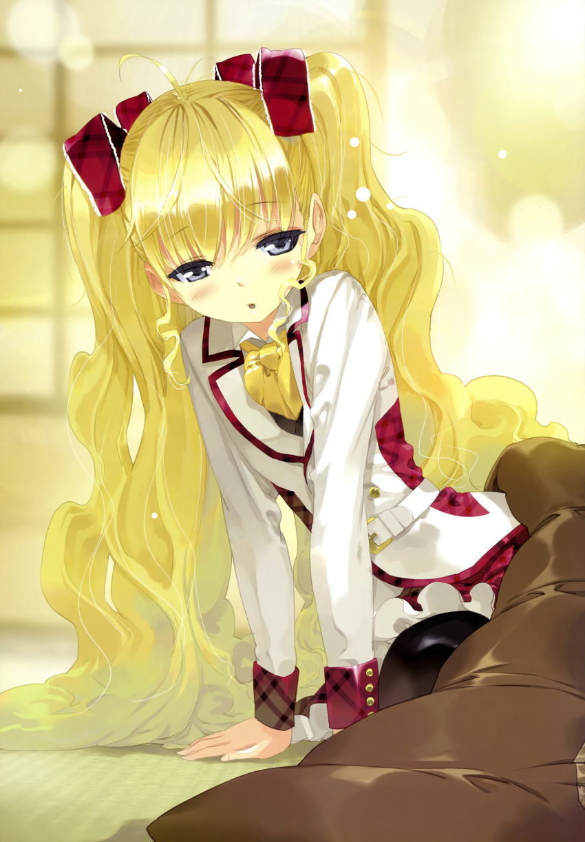 ahoge, arm_support, black_legwear, blazer, blue_eyes, blush, bow, frilled_skirt