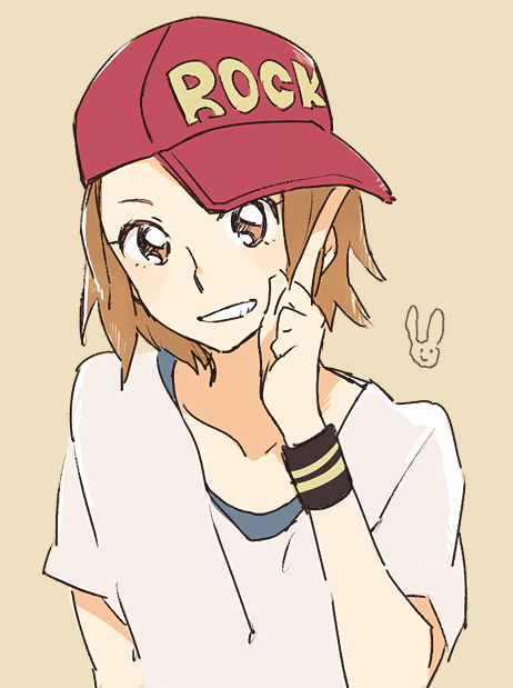 1girl, blush, brown_eyes, brown_hair, casual, grin, hat, hat_tip, k-on!, peg, short_hair, smile, solo, t-shirt, tainaka_ritsu, teeth, wristband
