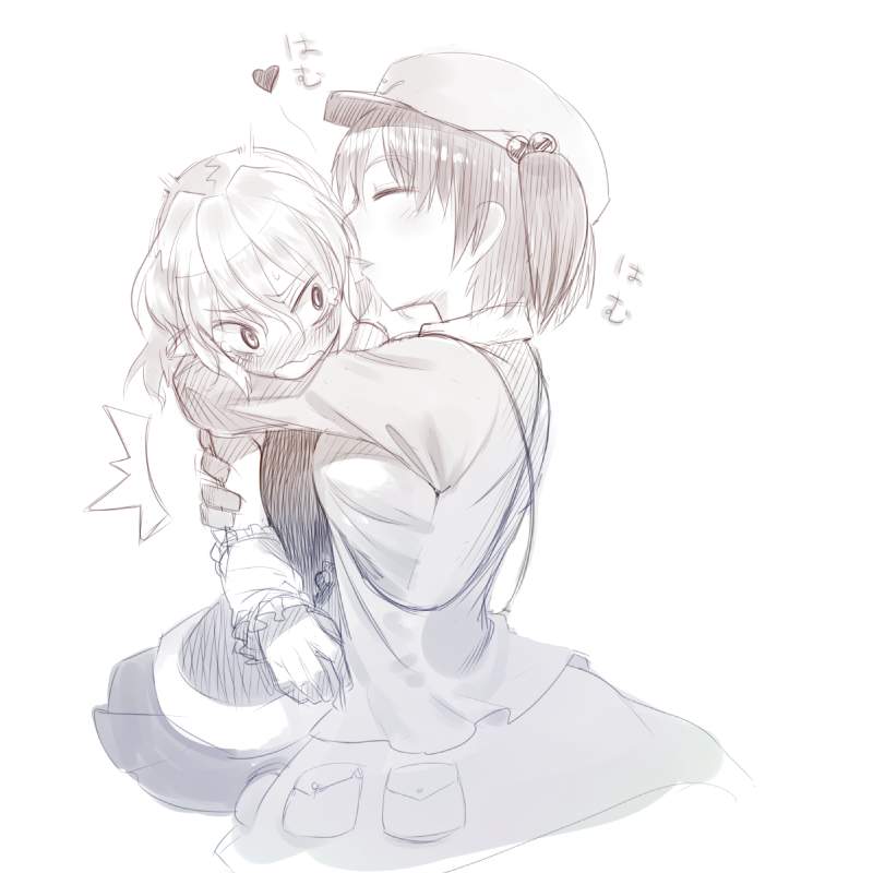 2girls, asakawa_remon, biting, blush, closed_eyes, ear_biting, eyes_closed, hug