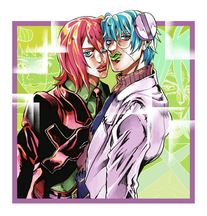 araki_hirohiko_(style), belt, biafura, blue_eyes, blue_hair, death_scythe_(spirit), dr_franken_stein, formal