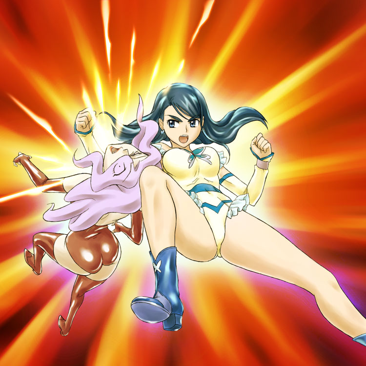 alternate_costume, arachnea, attack, battle, blue_eyes, blue_hair, boots, catfight, clothesline, cure_aqua, hadime, hajime_(caramel_toone), long_hair, magical_girl, minazuki_karen, multiple_girls, precure, pretty_cure, wrestling, yes!_precure_5, yes!_pretty_cure_5