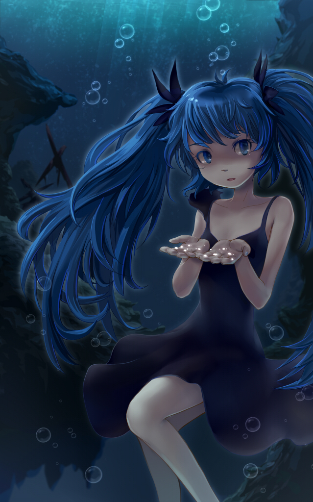 1girl, bare_shoulders, black_dress, blonde_hair, blue_eyes, blue_hair, bubble, colored_eyelashes