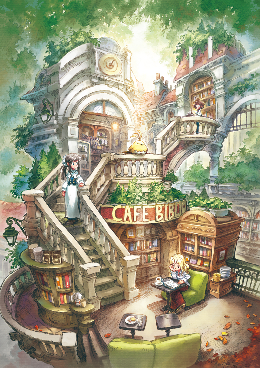 architecture, autumn_leaves, balcony, bird, blonde_hair, book, bookshelf, brown_hair