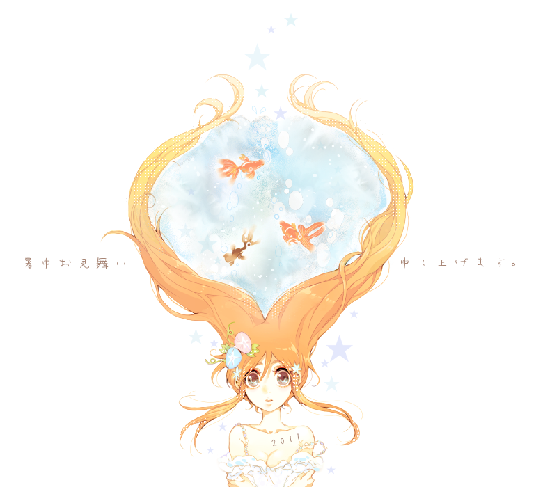 fish, hair_ornament, inoue_orihime, long_hair, orange_hair, souno_kazuki, strap_slip