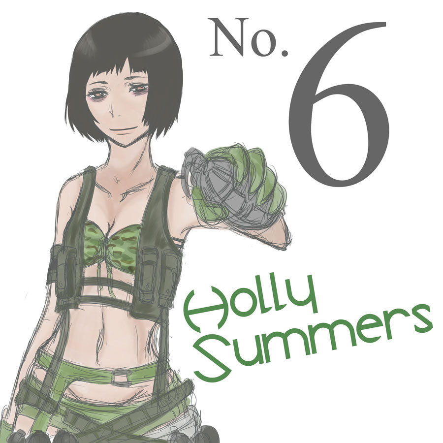 black_hair, character_name, cloudsheep, explosive, garter_belt, gloves, grenade, holly_summers