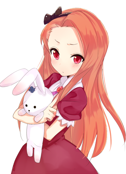 blush, doll_hug, dress, face, forehead, frown, idolmaster, index_finger_raised