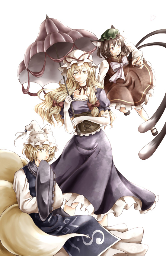 3girls, animal_ears, chen, looking_at_viewer, namu_(artist), namuko, simple_background, tagme