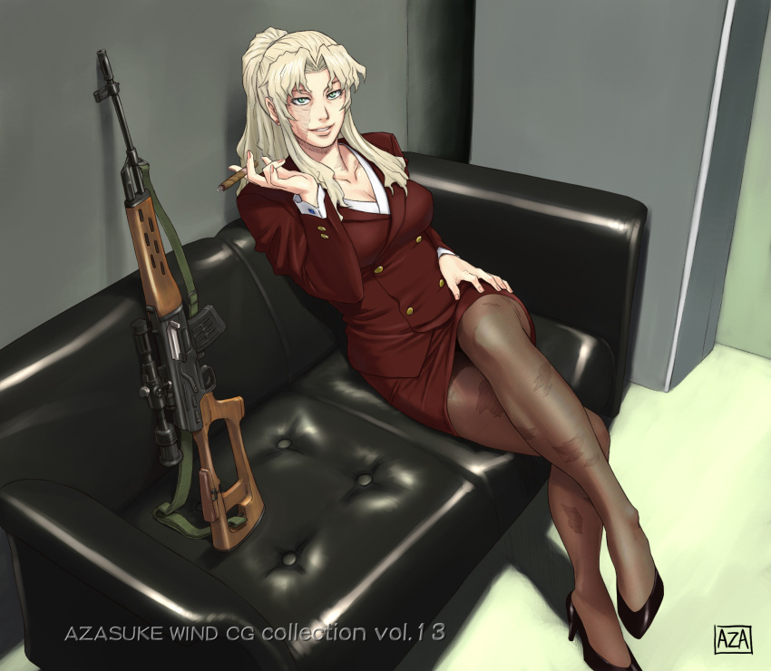 balalaika, black_lagoon, blonde_hair, business_suit, cigar, crossed_legs, dragunov, dragunov_svd, formal, gun, high_heels, highres, legs, legs_crossed, panties, pantyhose, rifle, scar, shoes, sitting, skirt_suit, smoking, sniper_rifle, suit, weapon