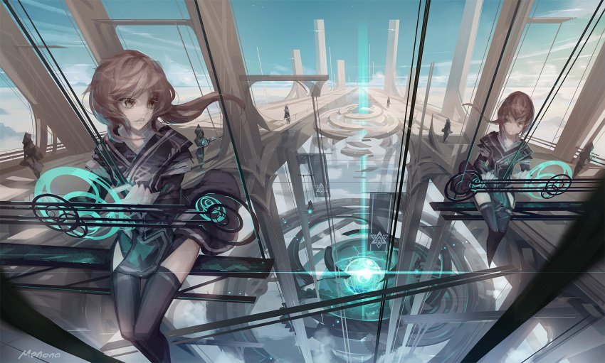 banner, beam, black_legwear, bridge, brown_hair, eye_contact, eyelashes, fantasy