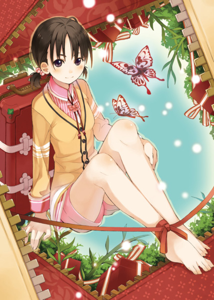 ankle_ribbon, bare_legs, barefoot, brown_hair, butterfly, chiharu_(nekomimibousi96), dress_shirt, hair_bobbles