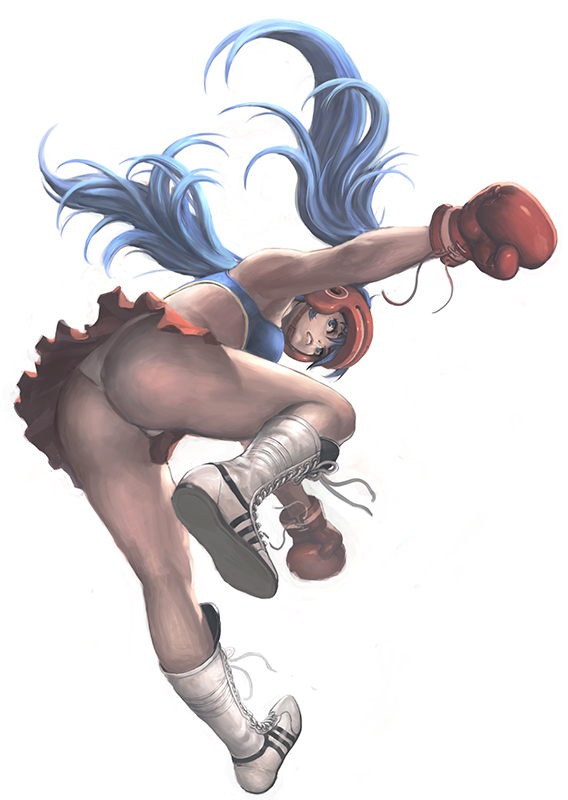 blue_eyes, blue_hair, boots, boxer, boxing_gloves, boxing_headgear, boxing_helmet, kilart