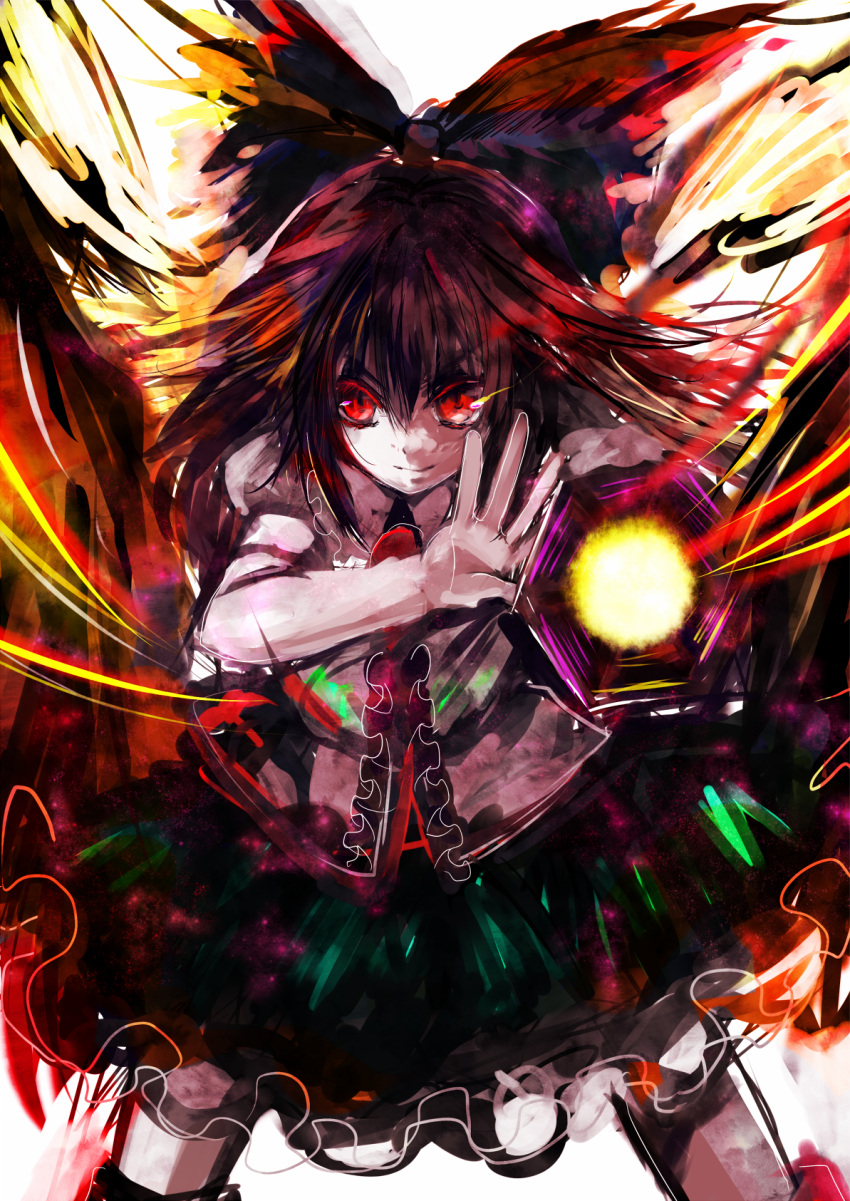 arm_cannon, brown_hair, hair_ribbon, highres, kurekore, red_eyes, reiuji_utsuho, ribbon