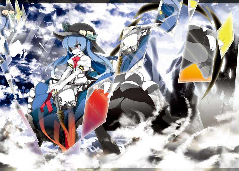 blue_hair, food, fruit, hat, hinanawi_tenshi, peach, red_eyes, solo