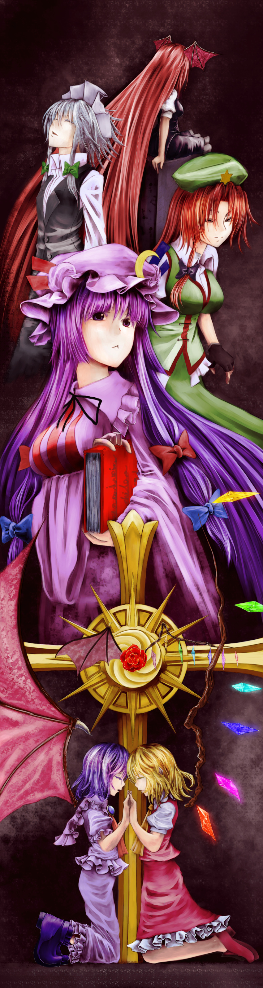 :<, absurdres, ascot, bat_wings, black_gloves, blonde_hair, blue_hair, book