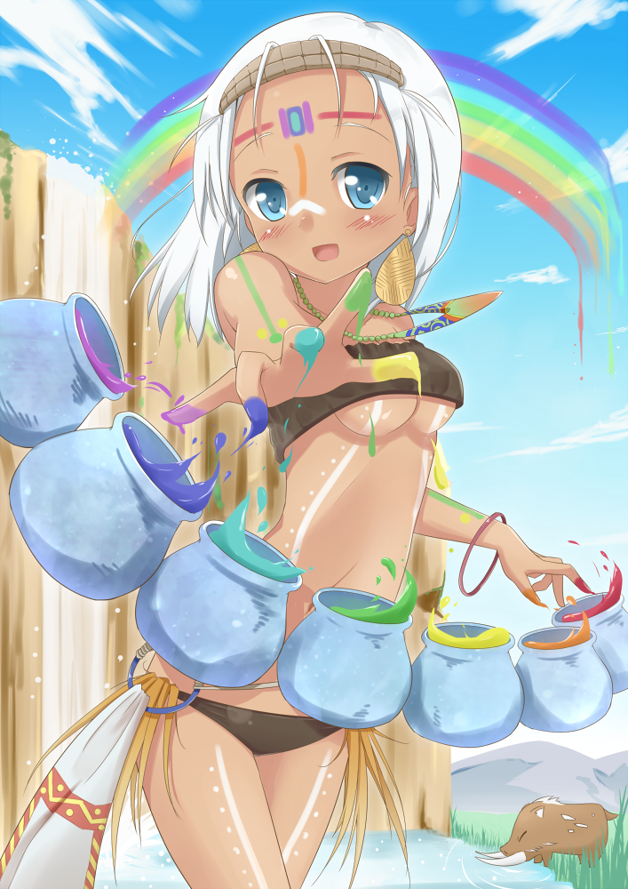 blue_eyes, blush, boar, breasts, cleavage, dark_skin, foreshortening, navel