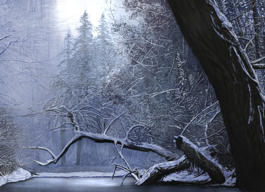 blue, foreshortening, forest, gr_(artist), highres, ice, nature, no_humans, original, pond, scenery, snow, touhou, tree, winter