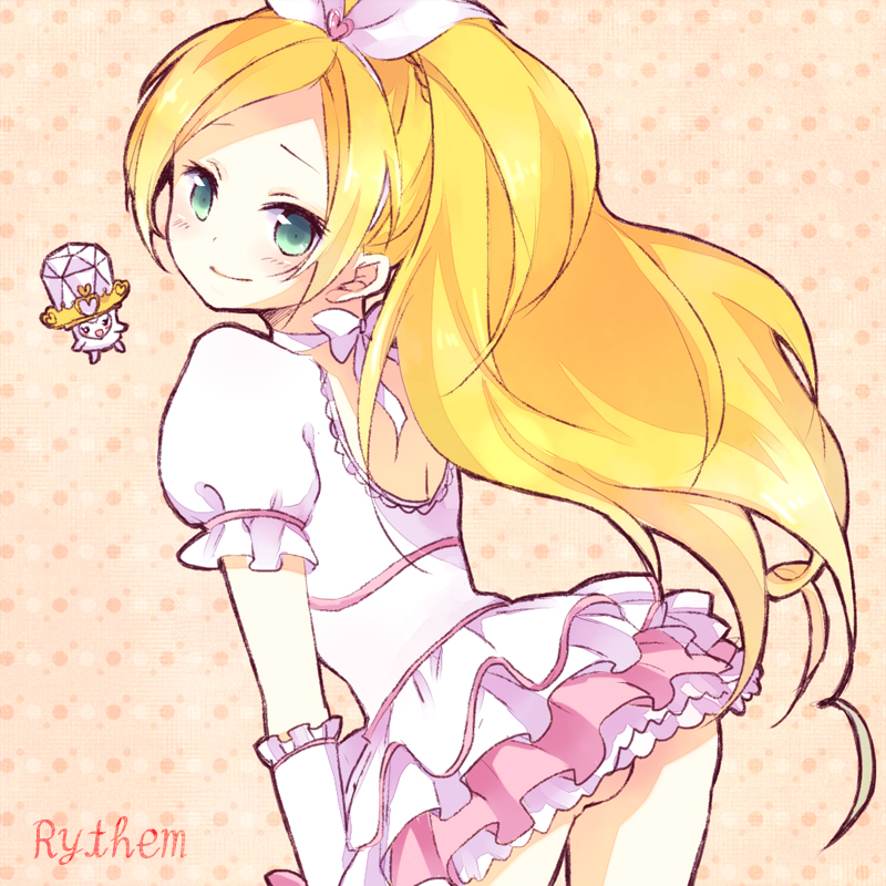 blonde_hair, bow, braid, character_name, choker, cure_rhythm, dress, fairy_tone