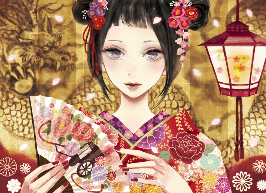 black_hair, copyright_request, dragon, fan, floral_print, flower, folding_fan, goshoguruma, hair_flower, hair_ornament, japanese_clothes, kikumon, kimono, lantern, lips, miya38, nail_polish, no_lineart, peony_(flower), petals, pink_eyes, solo