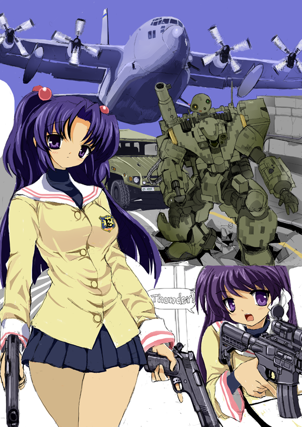 airplane, assault_rifle, clannad, cocked_hammer, colt_m1911, dual_wielding, fujibayashi_kyou, gun