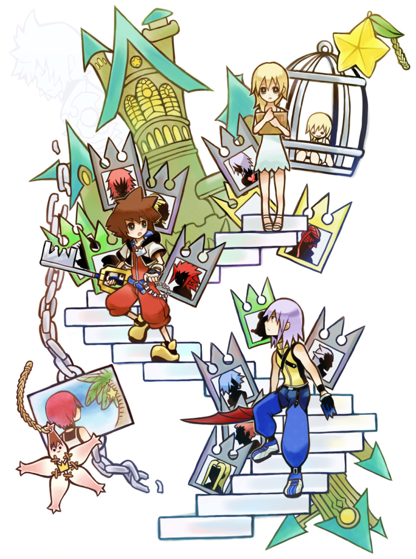 ansem_seeker_of_darkness, axel, birdcage, blonde_hair, blue_eyes, blue_hair, brown_hair, cage