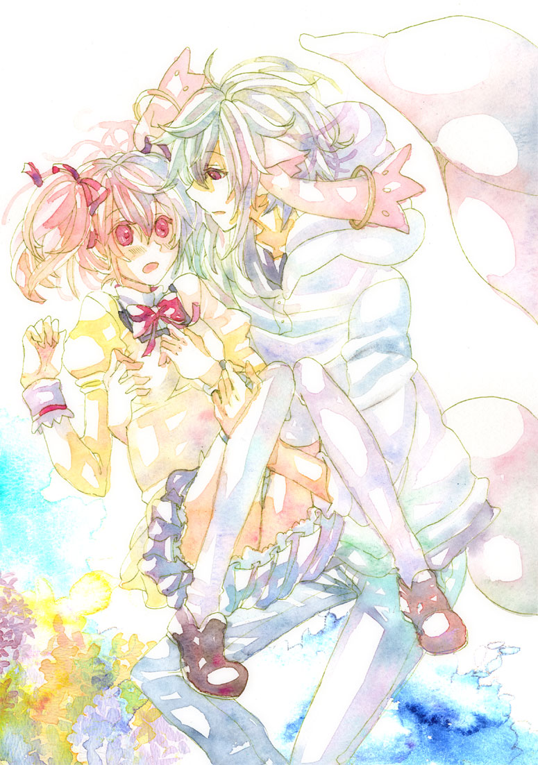 kaname_madoka, kuraaaa, kyubey, mahou_shoujo_madoka_magica, personification, pink_eyes, pink_hair, princess_carry