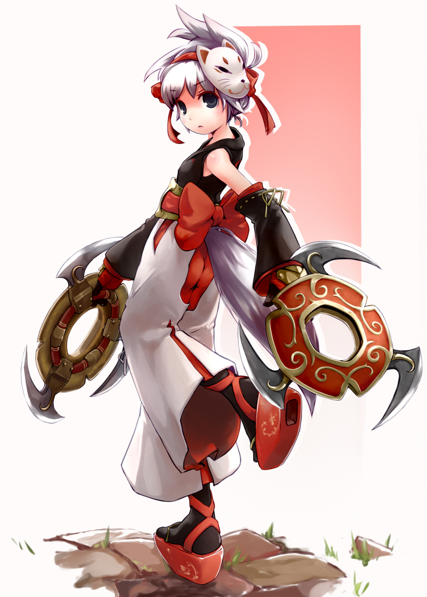 black_eyes, black_legwear, bow, chakram, character_request, detached_sleeves, fantasy_earth_zero, footwear, fox_mask, goma_(mm324), hair_up, hairband, highres, looking_back, mask, pantyhose, platform_footwear, ribbon, sandals, short_hair, socks, solo, weapon, white_hair