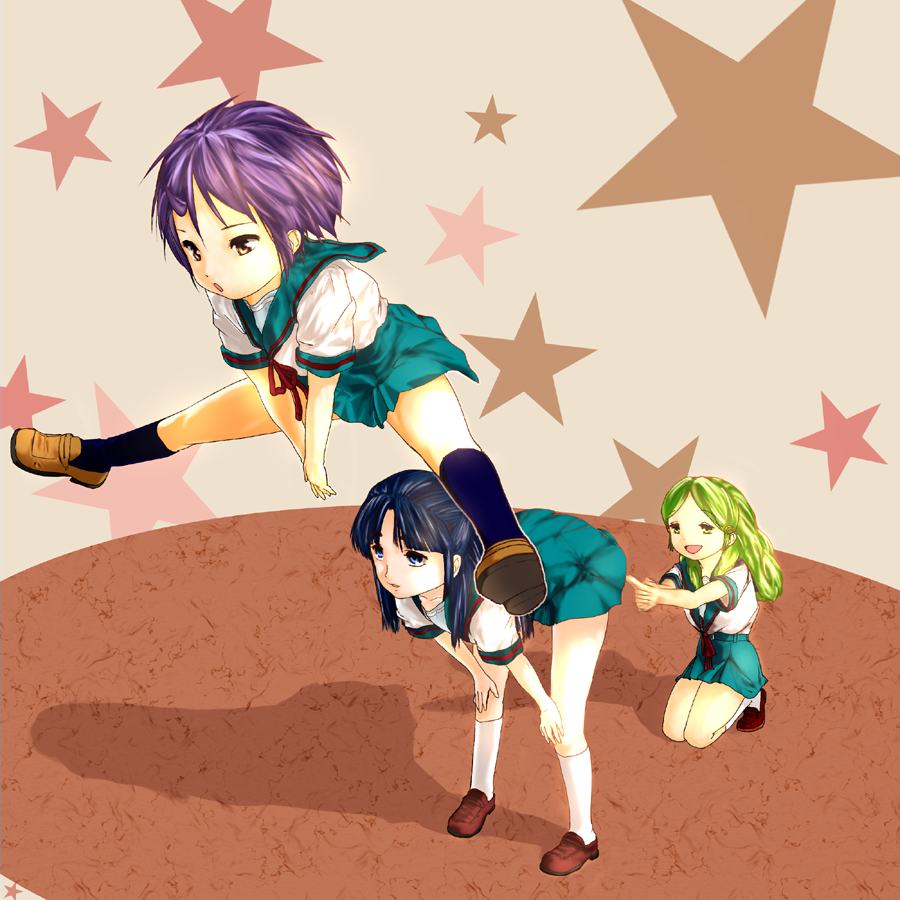 bent_over, blue_eyes, blue_hair, green_eyes, green_hair, imminent_kanchou, jumping, kanchou, kimidori_emiri, leap_frog, long_hair, multiple_girls, nagato_yuki, purple_hair, school_uniform, short_hair, suzumiya_haruhi_no_yuuutsu, yellow_eyes, yossy1118