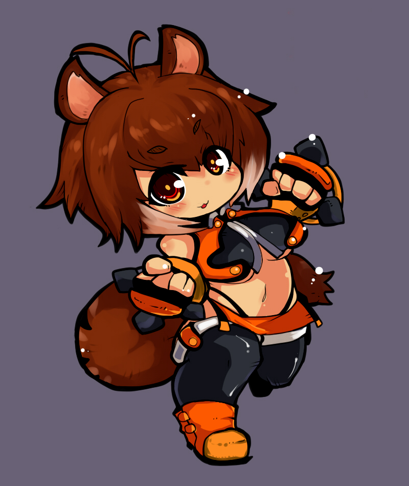 black_legwear, blazblue, blush, breasts, brown_eyes, brown_hair, chibi, clenched_hands