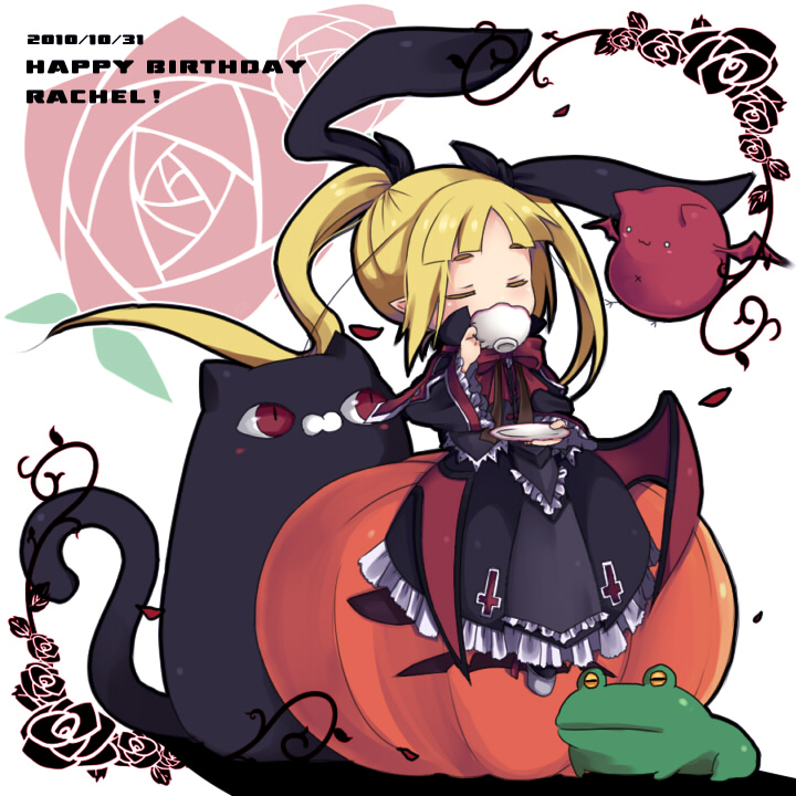 2010, birthday, blazblue, blonde_hair, bow, cat, character_name, closed_eyes