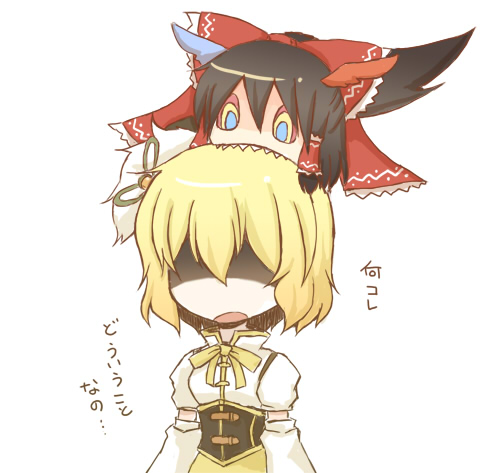 alice_margatroid, black_hair, blonde_hair, bow, charlotte_(madoka_magica), charlotte_(madoka_magica)_(cosplay), cosplay, hair_bow