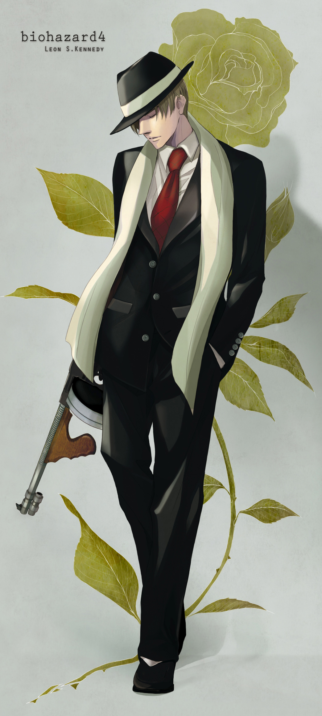 .45_acp, alternate_costume, blonde_hair, brown_hair, chicago_typewriter, chiya_(sere1), closed_eyes, drum_magazine