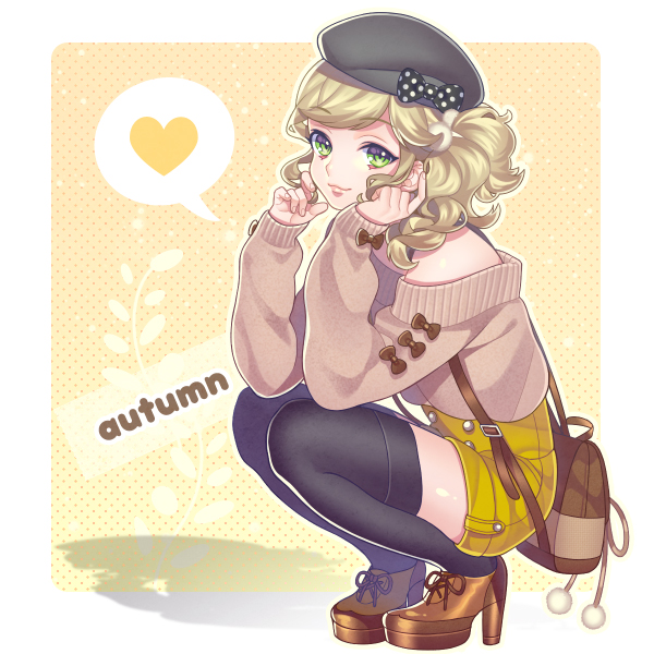 <3, 1girl, bag, beret, black_legwear, black_thighhighs, blonde_hair, bow
