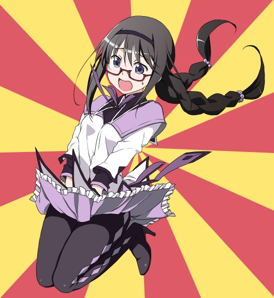 akemi_homura, black_hair, black_legwear, blush, braid, ekra, embarrassed, glasses
