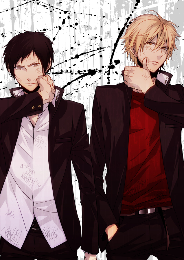 black_hair, blonde_hair, dirty, durarara!!, hand_in_pocket, heiwajima_shizuo, jacket, male, multiple_boys, orihara_izaya, ryugo, school_uniform, short_hair, xia_(ryugo)