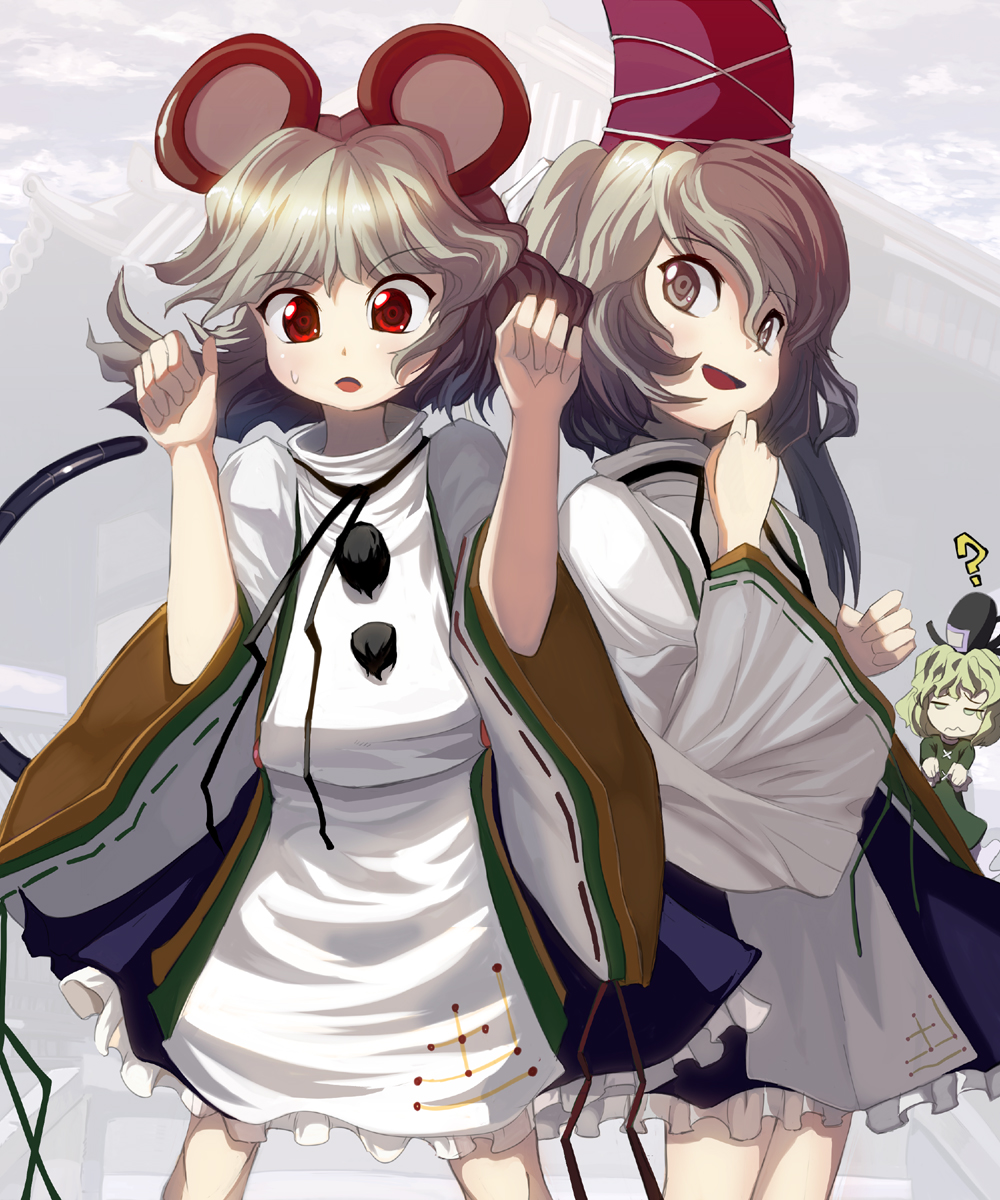 ?, animal_ears, cosplay, green_hair, grey_eyes, grey_hair, hat, highres