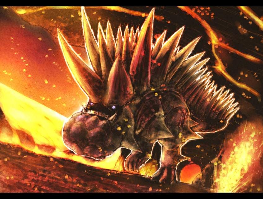 capcom, chankodining, fangs, glowing, glowing_eyes, highres, letterboxed, molten_rock