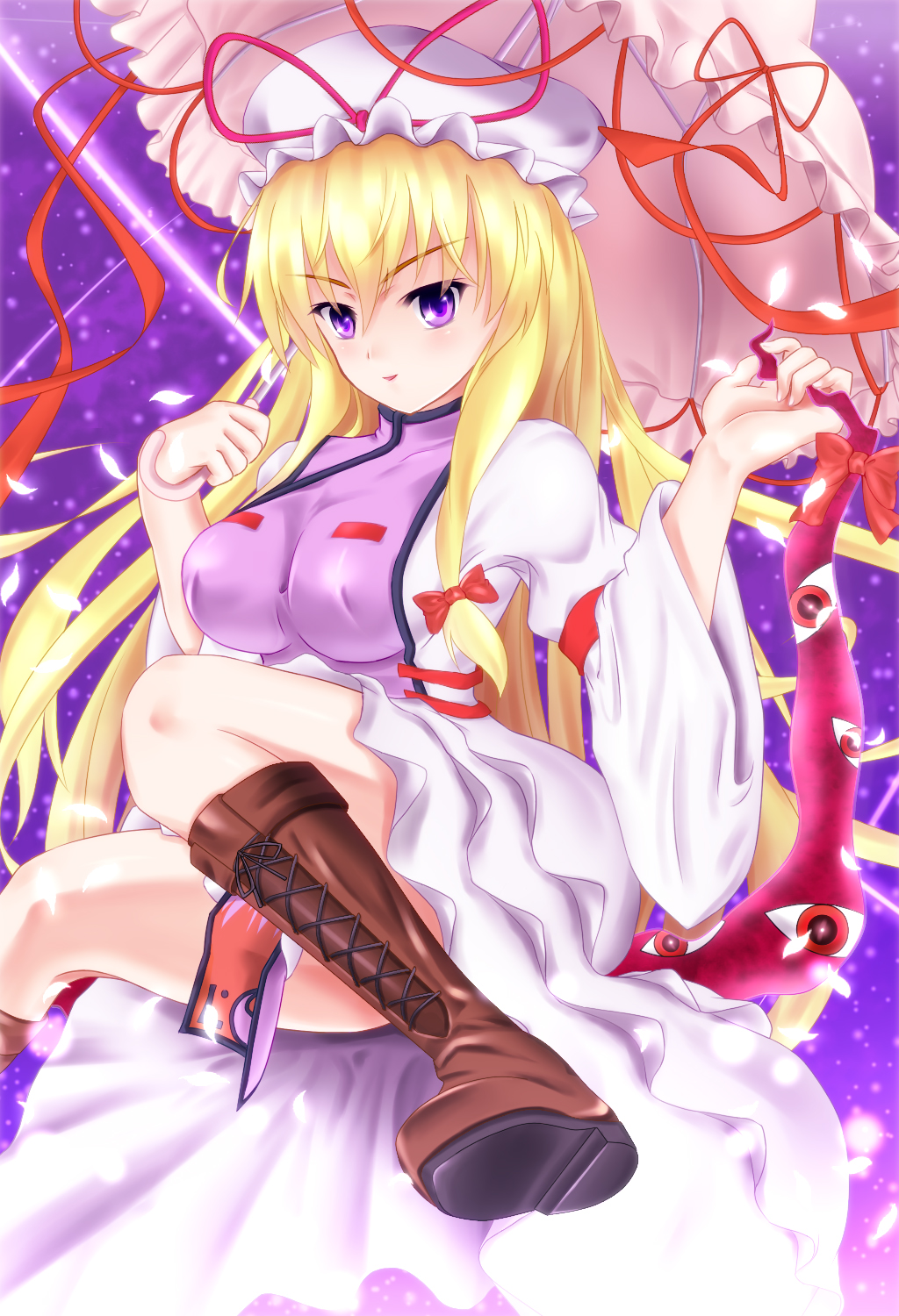 blonde, blonde_hair, boots, breasts, breats, dress, gap, hat, highres, large_breasts, legs, long_hair, parasol, purple_eyes, sitting, skirt, touhou, toumin, umbrella, yakumo_yukari