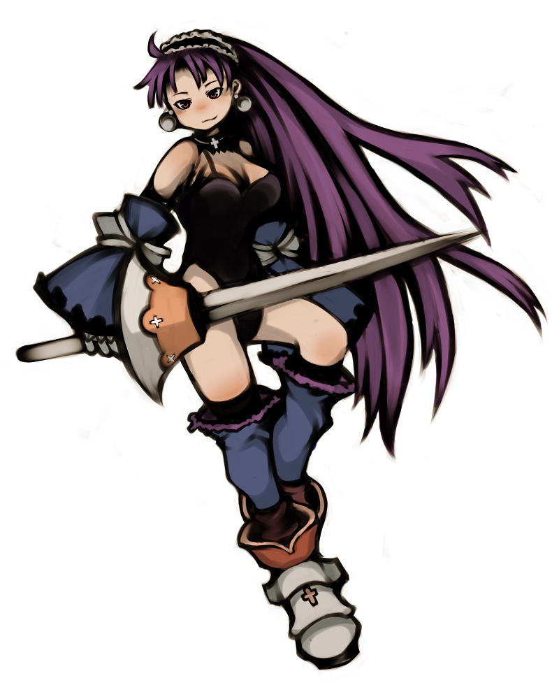 blue_legwear, dark_eclair, detached_collar, detached_sleeves, earrings, eclair_(la_pucelle), gloves, hairband
