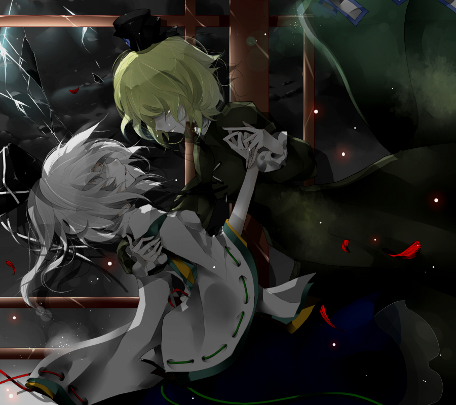 aymmogh, bad_id, blood, blood_in_mouth, dress, green_dress, green_hair, hair_over_eyes