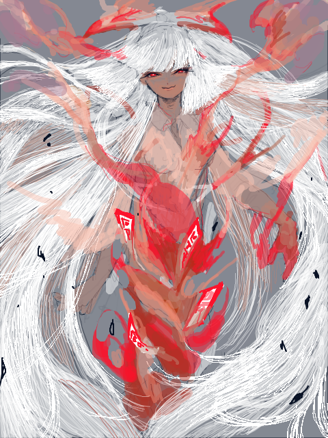 bow, burned_clothes, burnt_clothes, fire, fujiwara_no_mokou, hair_bow, long_hair, smile