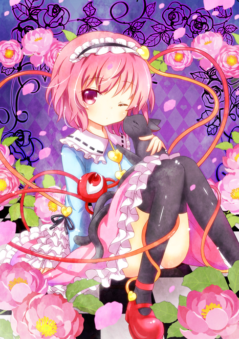 black_legwear, cat, cheek_kiss, flower, hairband, heart, kaenbyou_rin, kaenbyou_rin_(cat), kiss, komeiji_satori, mary_janes, mi_hitsuji, petals, pink_hair, shoes, short_hair, sitting, solo, thigh-highs, thighhighs, third_eye, touhou, wink