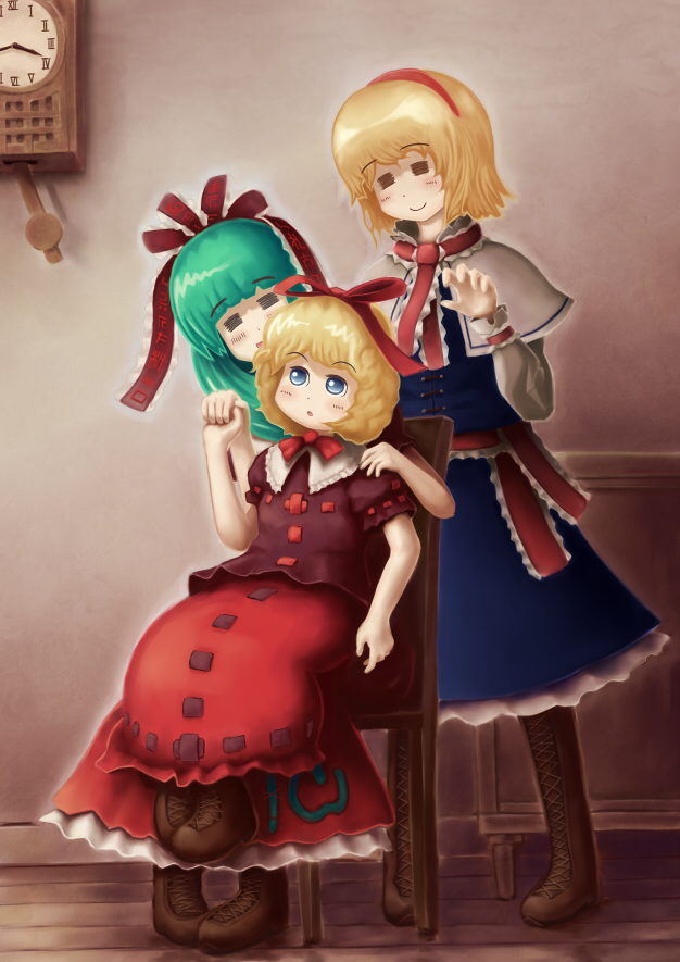 =_=, alice_margatroid, blonde_hair, blue_dress, blue_eyes, blush, boots, bow, chair, child, clock, cross-laced_footwear, curly_hair, dress, frills, green_hair, hair_ribbon, hairband, holding_hands, kagiyama_hina, kokomo1911, lace-up_boots, medicine_melancholy, multiple_girls, red_dress, ribbon, sash, short_hair, sitting, touhou