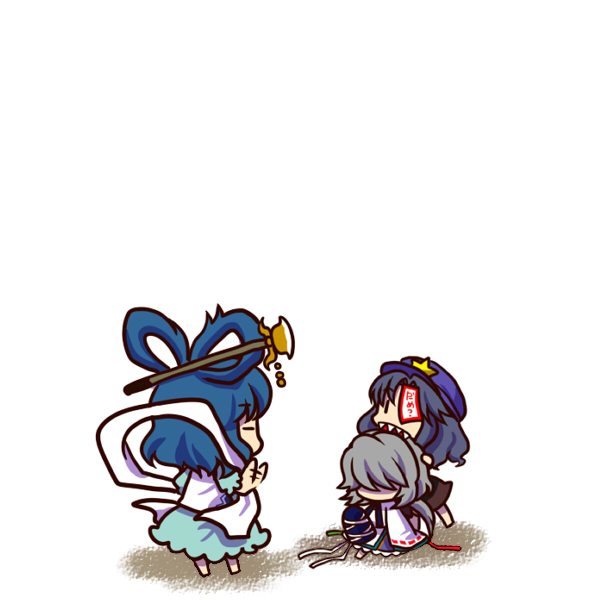 beret, biting, blue_hair, chibi, hair_ribbon, hair_stick, hat, hat_removed
