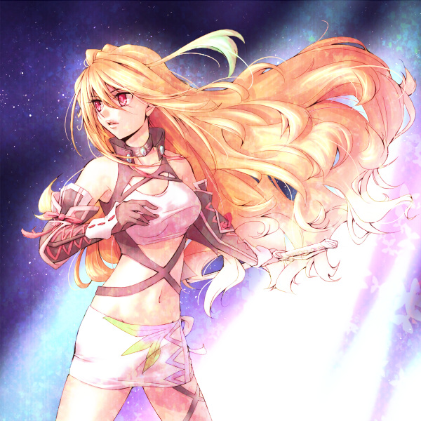 blonde_hair, breasts, choker, elbow_gloves, gloves, izumo_(pixiv362913), long_hair, midriff