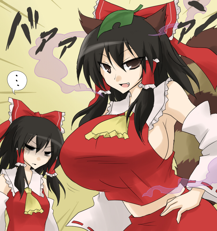 2girls, angry, animal_ears, armpits, ascot, black_hair, bow, breast_envy