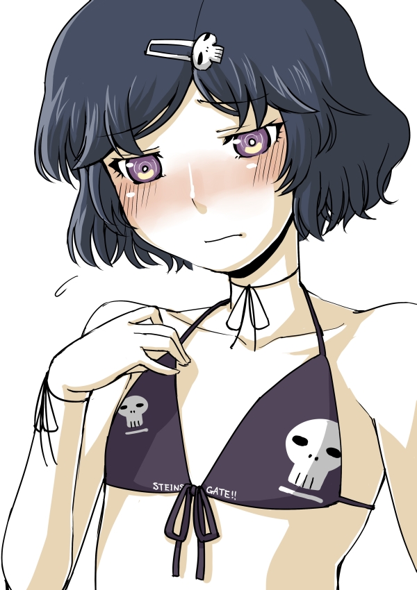 bad_id, bikini, bikini_top, black_hair, blush, front-tie_top, hair_ornament, hairclip