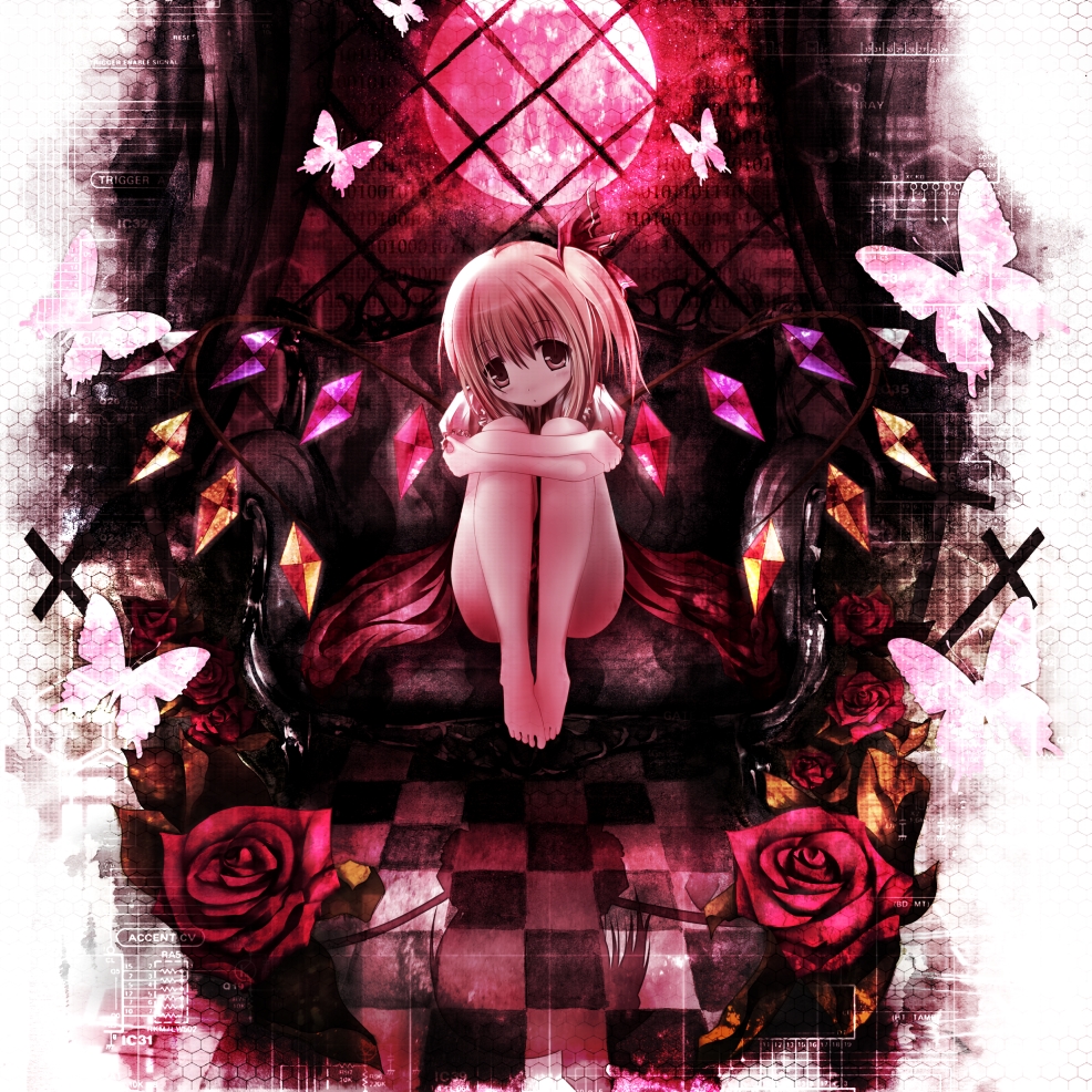 apple228, bare_legs, barefoot, blonde_hair, butterfly, checkered, checkered_floor, curtains
